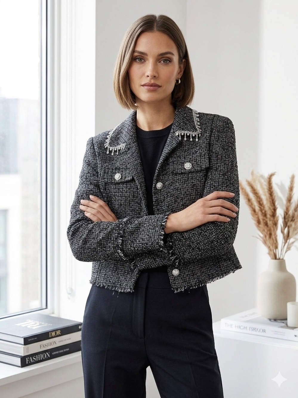 River Island‎ Black & White Tweed Cropped Blazer with Embellished Collar